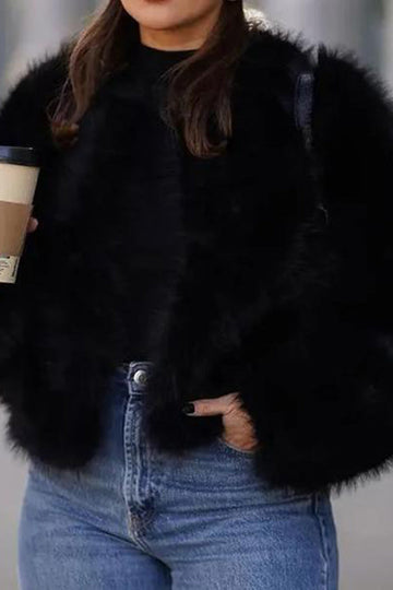 Black V Neck Midi Fitted Women Faux Fur Coat